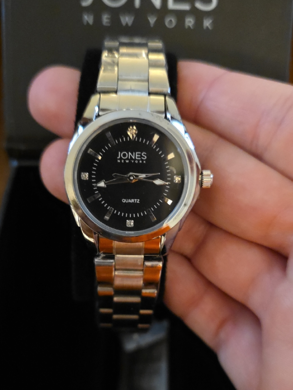Jones New York Silver-Tone Watch with Black Dial and Crystal Markers